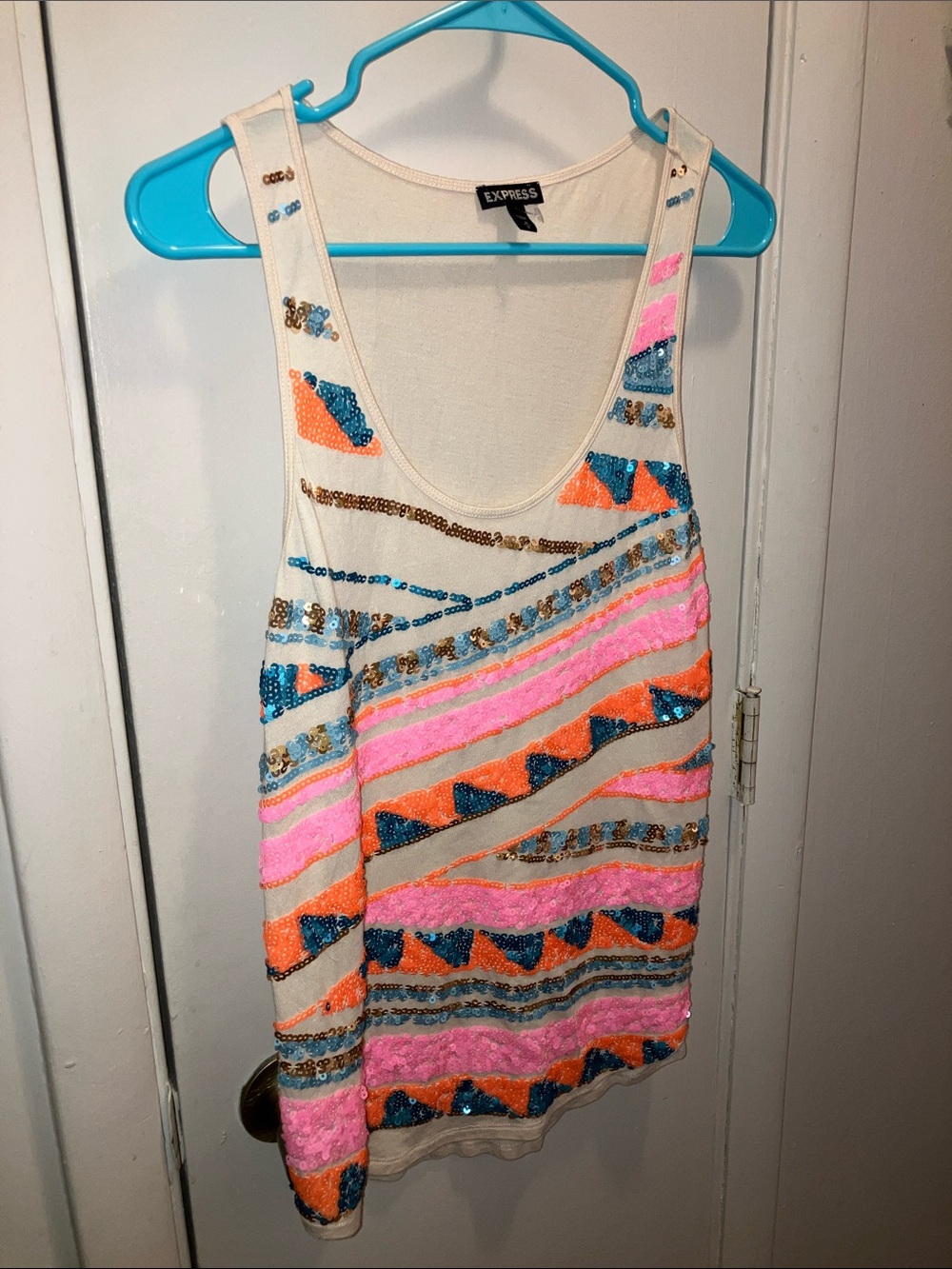 Express Sequin Stripe Tank Dress - Pink, Orange & Blue